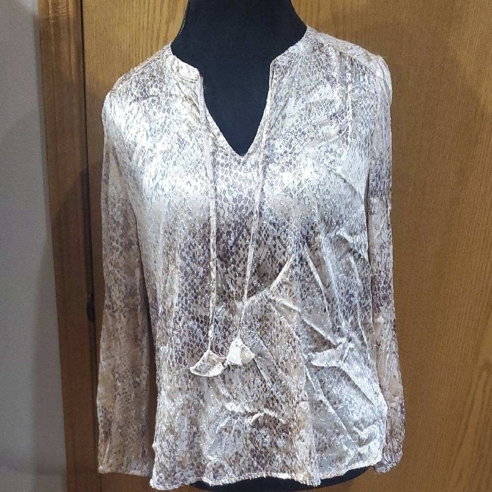 Tommy Bahama Silver Tan Long Sleeve Snakeskin Print Blouse